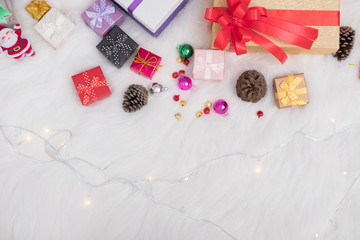 present boxes and pine cone. gift box for xmas party. christmas and new year holiday celebration.