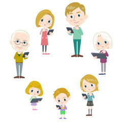 family 3 generations internet communication White_smartphone tablet round