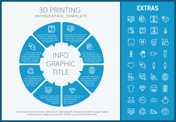 3D printing infographic template, elements and icons. Infograph includes customizable circular diagram, line icon set with 3D printer, products of 3D innovation technologies, printing machine etc.