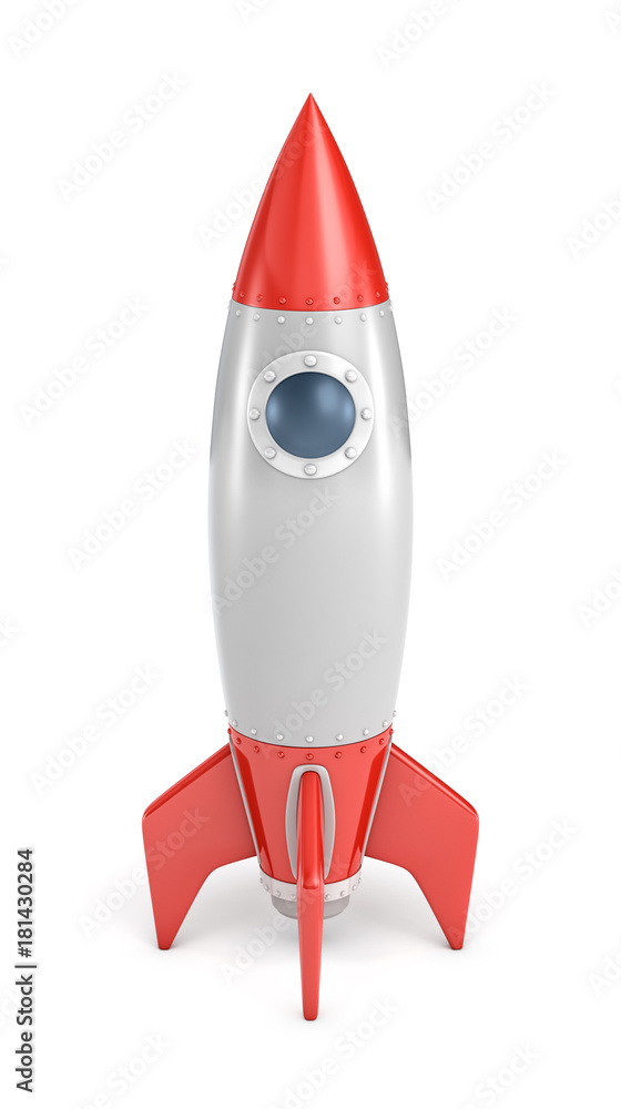 Poster 3d rendering of a single silver and red rocket ship with a round porthole isolated on a white backgr