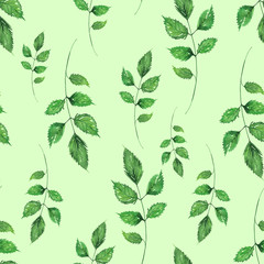 Seamless watercolor watercolor , watercolor with a pattern - green leaves, branch. Vintage art illustration for your design, fabric, wallpaper, scrapbooking paper and more. On a green background.