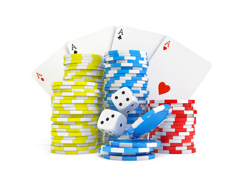 3d rendering of four different ace cards with casino chip stacks and white dice.