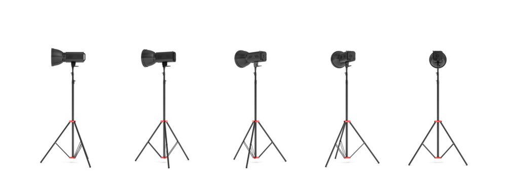3d rendering of three lights with reflectors with the head turned down and up.