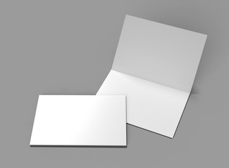 Bi fold or  Horizontal half fold brochure mock up isolated on soft gray background. 3D render illustration