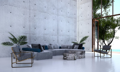 The modern lobby lounge and living room and concrete wall and sea view / 3D rendering 