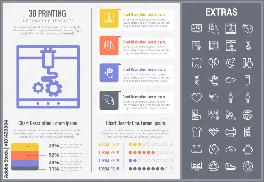 Poster 3d printing infographic template, elements and icons. infograph includes customizable graphs, charts
