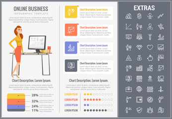 Online business infographic template, elements and icons. Infograph includes customizable graphs, charts, line icon set with stack of money, online market, business worker, mobile shop etc.