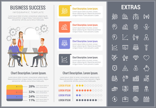 Business success infographic template, elements and icons. Infograph includes customizable graphs, charts, line icon set with business worker, successful businessman, corporate leader, market data etc