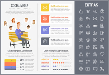 Social media infographic template, elements and icons. Infograph includes customizable graphs, charts, line icon set with social media, global network, electronic mail, internet technology etc.
