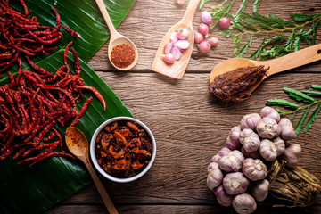 Thai tradition style spicy dipping chili paste and shrimp with spicy and herb for ingredient on wooden texture table