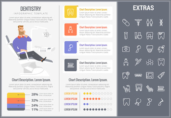 Dentistry infographic template, elements and icons. Infograph includes customizable graphs, charts, line icon set with dentist tools, dental care, tooth decay, teeth health, medicine chest etc.