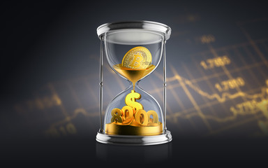 Bitcoin breaks $ 8000 barrier amid speculation over spin-off. Bitcoin concept with hourglass falling golden sand taking the shape of a coin on a chart dark background. 3d render