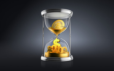 Bitcoin breaks $ 8000 barrier amid speculation over spin-off. Bitcoin concept with hourglass falling golden sand taking the shape of a coin on a chart dark background. 3d render
