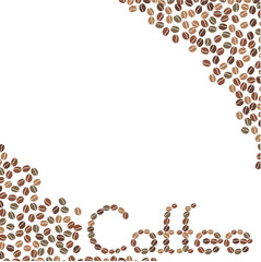 Vector coffee beans placed in the shape of word Coffee on a white surface.
