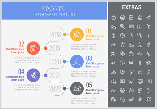 Sports infographic timeline template, elements and icons. Infograph includes numbered options with years, line icon set with sport equipment, sports field, competitive games, champion pedestal etc.
