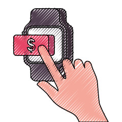 smart watch with hand and finger pointing at pay button business payment vector illustration