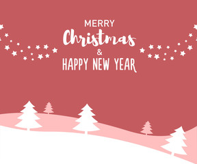 Naklejka premium Merry Christmas and Happy new Year message with different fonts on a winter landscape. Flat vector art with stars