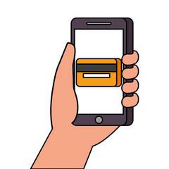 hand holding smartphone credit card bank online vector illustration