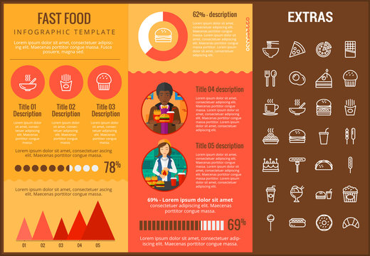 Fast food infographic template, elements and icons. Infograph includes customizable graphs, charts, line icon set with fast food, a piece of pizza, sweet snacks, restaurant meal, unhealthy meal etc.