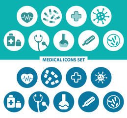 Medical icons set. Group vector icons in colored circles on dark and white background. Heart, pills, medical cross, bacteria, thermometer, virus.