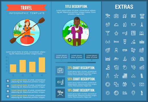 Travel infographic template, elements and icons. Infograph includes customizable graphs, charts, line icon set with tourist attraction, luggage cart, travel planning, holiday vacation, traveler etc.