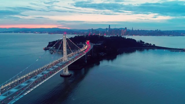 Aerial video of the Bay Bridge and San Francisco skyline