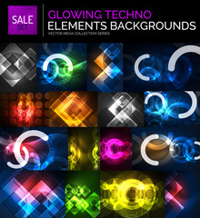 Set of glowing neon techno shapes, abstract background collection