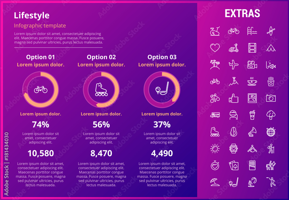 Canvas Prints Lifestyle infographic template, elements and icons. Infograph includes customizable graphs, three options, line icon set with healthy food, sport exercise, training machine, leisure activities etc.