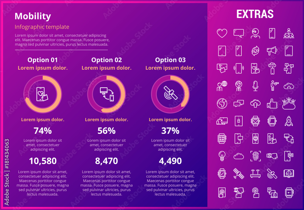 Poster mobility infographic template, elements and icons. infograph includes customizable graphs, three opt
