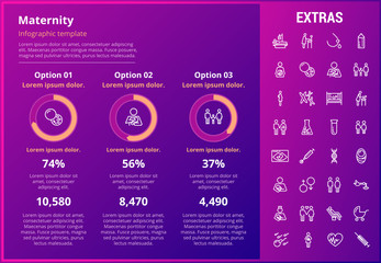 Maternity infographic template, elements and icons. Infograph includes customizable graphs, three options, line icon set with pregnant woman, breast feeding, child care, reproductive technologies etc.