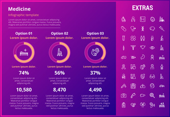 Medicine infographic template, elements and icons. Infograph includes customizable graphs, options, line icon set with medical stethoscope, disable person, hospital doctor, nurse, first aid kit etc.