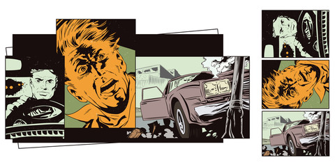 Stock illustration. Car crashed into a pillar.