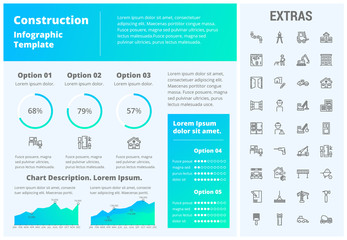 Construction infographic template, elements and icons. Infograph includes customizable graphs, three options, line icon set with construction worker, builder tools, repair person, house building etc.