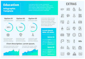 Education infographic template, elements and icons. Infograph includes customizable graphs, three options, line icon set with education certificate, university student, books, college diploma etc.
