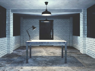 3d render from imagine dark dirty interview room for investigation mood table only 