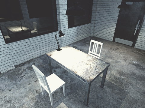 3d render from imagine dark dirty interview room for investigation mood  bird eye view