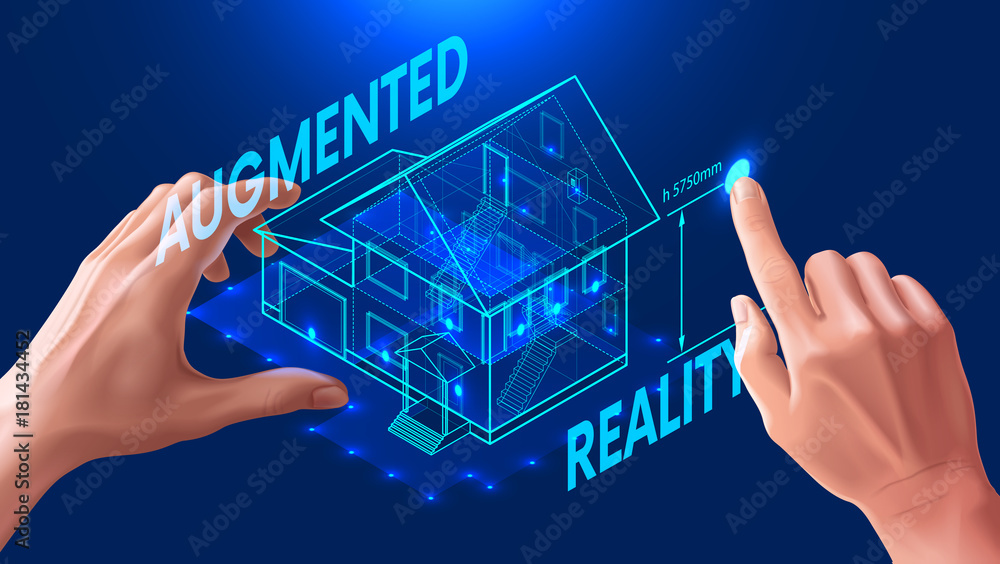 Poster 3D house plan. The engineer uses the virtual interface for augmented reality in the architectural design of the house. Virtual interactive interface controlled by gestures of the user's hands.