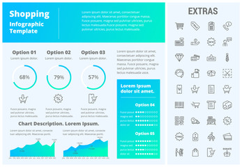 Shopping infographic template, elements and icons. Infograph includes customizable graphs, three options, line icon set with shopping cart, online store, mobile shop, price tag, retail business etc.