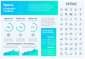 Sports infographic template, elements and icons. Infograph includes customizable graphs, three options, line icon set with sport equipment, sports field, competitive games, champion pedestal etc.