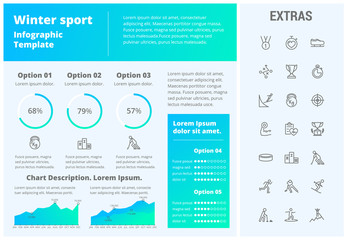 Winter sport infographic template, elements and icons. Infograph includes customizable graphs, three options, line icon set with sport equipment, trophy, team games, champion pedestal, athlete etc.