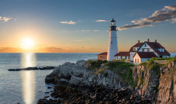 Portland Head Light at sunrise in Cape Elizabeth, Maine, USA.  