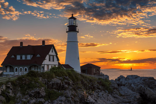 The Portland Head Light in Cape Elizabeth, Maine, USA. Photographed at sunrise.