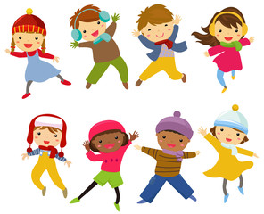 Happy children jumping - winter