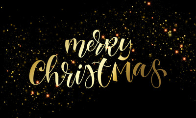 Merry Christmas greeting card of golden festive glitter confetti or sparkling fireworks on premium black background. Vector gold calligraphy lettering quote text design for Christmas winter holiday