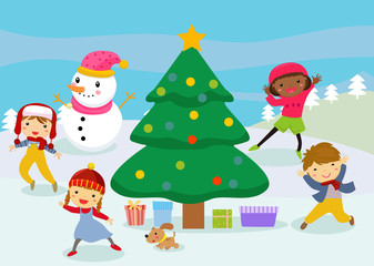 Illustration of group of children and Christmas tree