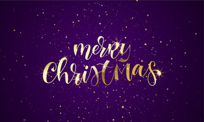 Merry Christmas greeting card of gold glitter confetti or sparkling fireworks on premium luxury blue background. Vector golden calligraphy lettering design for New Year or Christmas holiday quote text