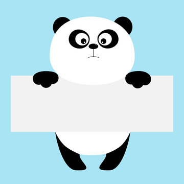 Funny panda bear hanging on paper board template. Big eyes. Kawaii animal body. Cute cartoon character. Baby card. Flat design style. Blue background Isolated