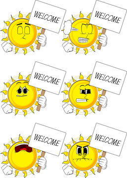 Cartoon sun holding a banner with welcome text. Collection with sad faces. Expressions vector set.