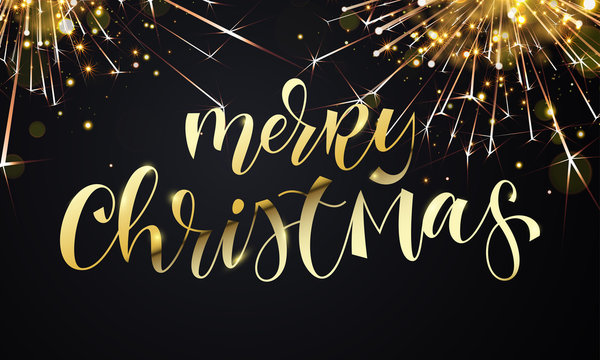 Merry Christmas greeting card and golden calligraphy lettering on sparkler glittering fireworks or gold glitter confetti. Vector premium black sparkling background for Christmas or New Year quote