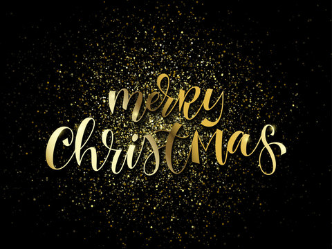 Merry Christmas greeting card of gold glitter confetti or sparkling fireworks on premium luxury black background. Vector golden calligraphy lettering design for New Year or Christmas holiday quote